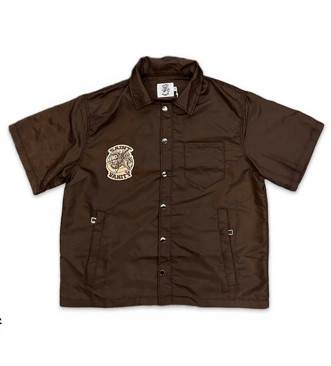 SAINT VANITY NYLON BUTTON ZIP UP TEE BROWN